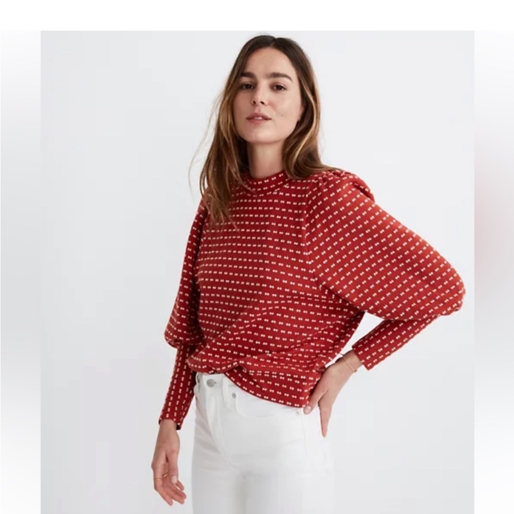 Madewell Puff-Sleeve Mockneck Top in Bow-Tie Jacquard XS
